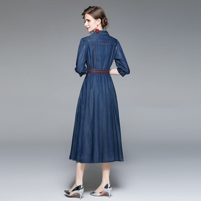 TS33510115 Embroidered denim dress women's spring 2022 new three-quarter sleeve slimming and age-reducing skirt