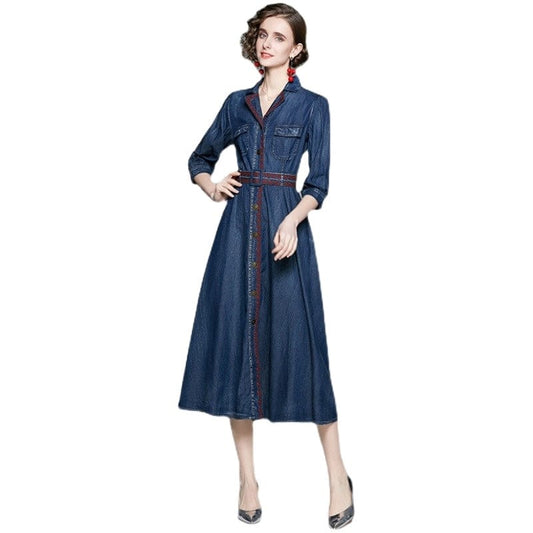 TS33510115 Embroidered denim dress women's spring 2022 new three-quarter sleeve slimming and age-reducing skirt