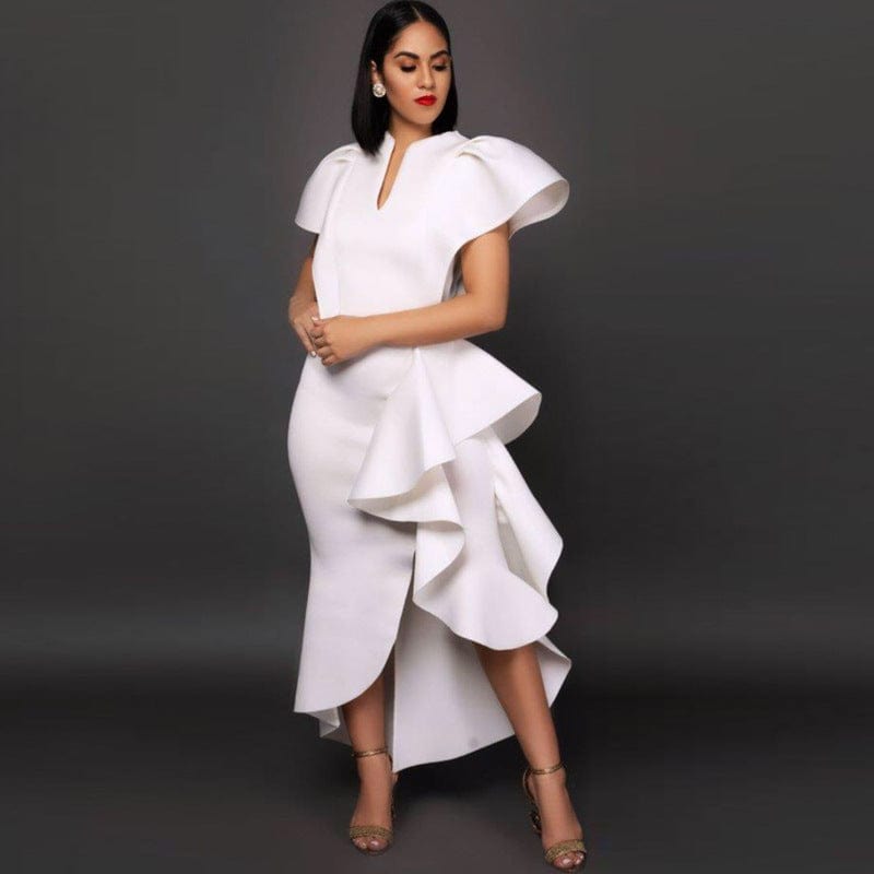 Tube Longos Vestidos Sexys Mujer Fashion Dress V-neck ruffled high waist large size slim irregular hem women's white dress
