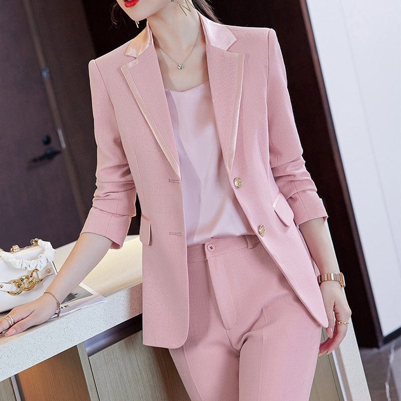 Tweed Wholesale High-quality Patchwork Women Suits 2 piece Pant Suit Fashion Office Lady Work Clothes Pink Blazer and Trouser