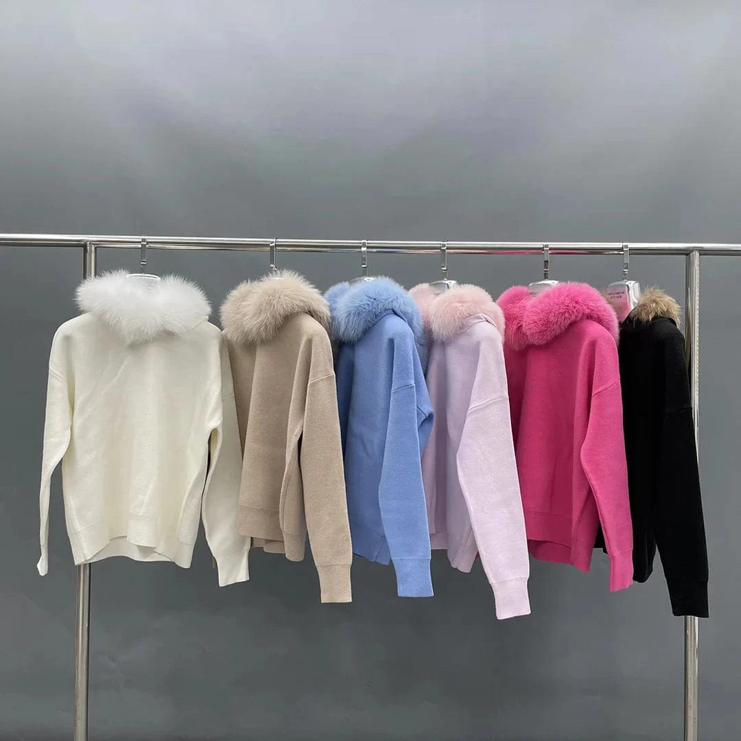 Two piece fashion new design casual women knit suit with fur collar