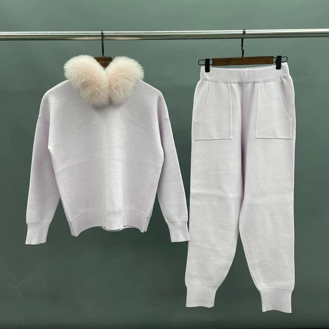 Two piece fashion new design casual women knit suit with fur collar