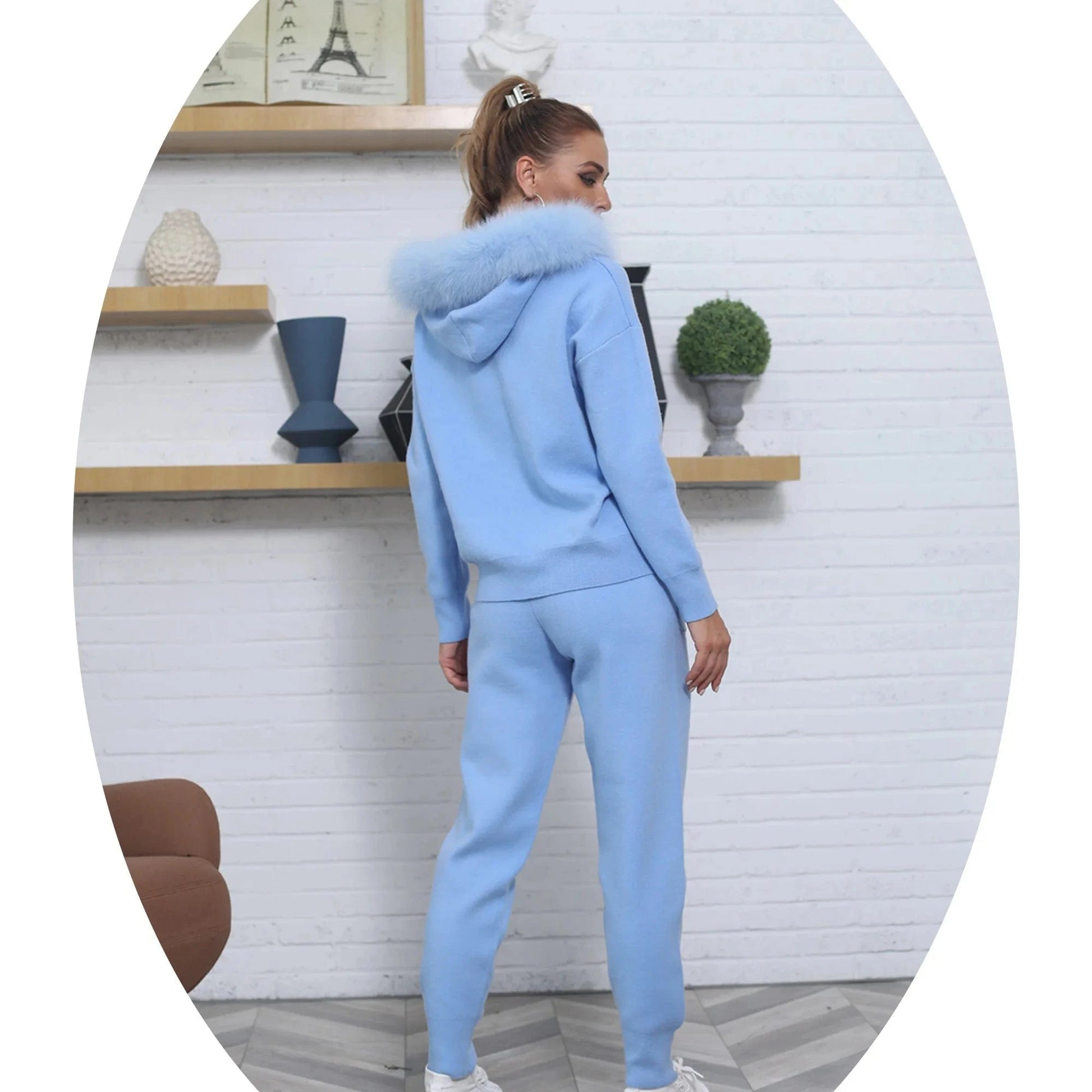 Two piece fashion new design casual women knit suit with fur collar