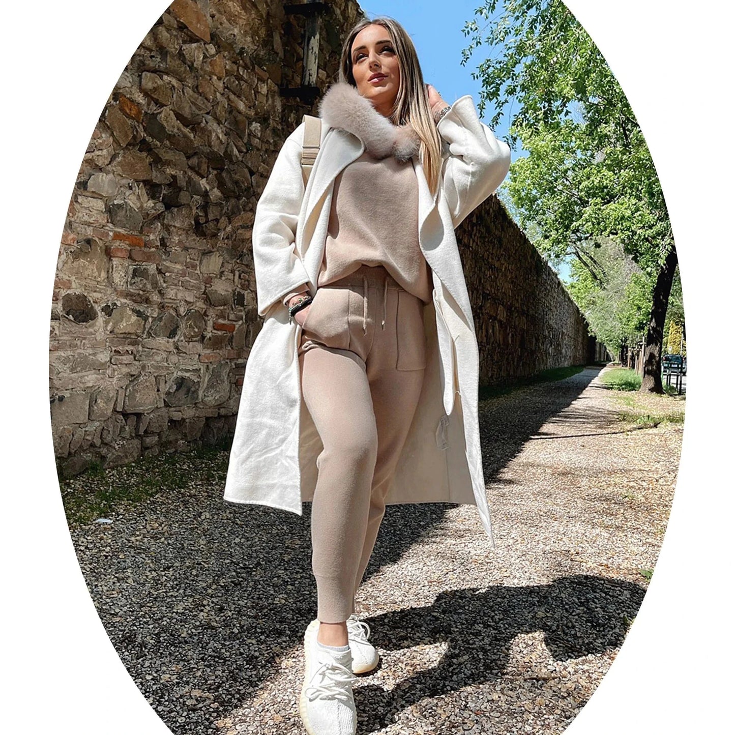 Two piece fashion new design casual women knit suit with fur collar