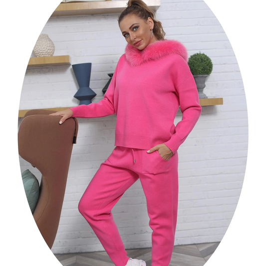 Two piece fashion new design casual women knit suit with fur collar
