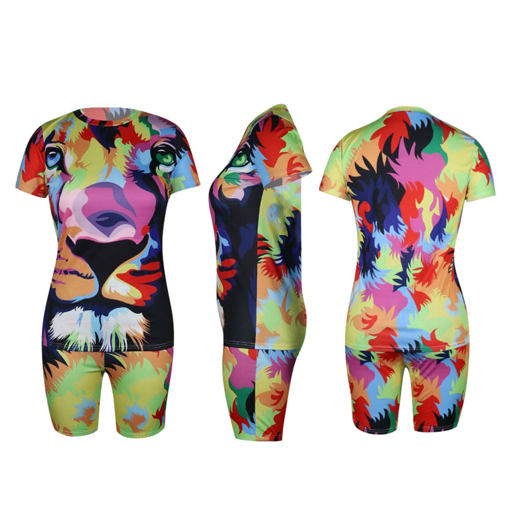 Two Piece Set Casual Tiger Printed Sportswear Short Sleeve Shorts Set