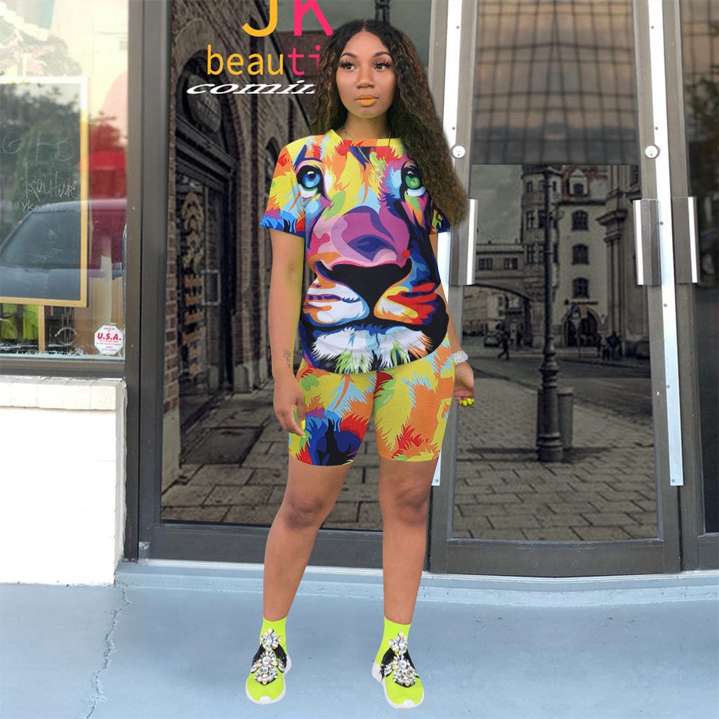 Two Piece Set Casual Tiger Printed Sportswear Short Sleeve Shorts Set