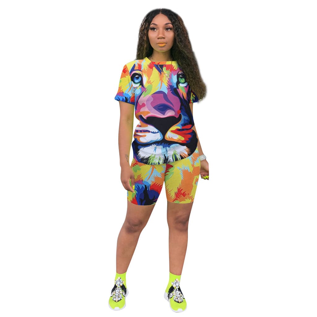Two Piece Set Casual Tiger Printed Sportswear Short Sleeve Shorts Set