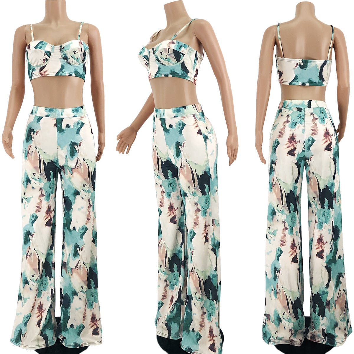 Two Piece Set Summer 2022 Printed V neck Wide Leg Pants Set Women High Waist Bandage Sexy Woman Clothing Sets