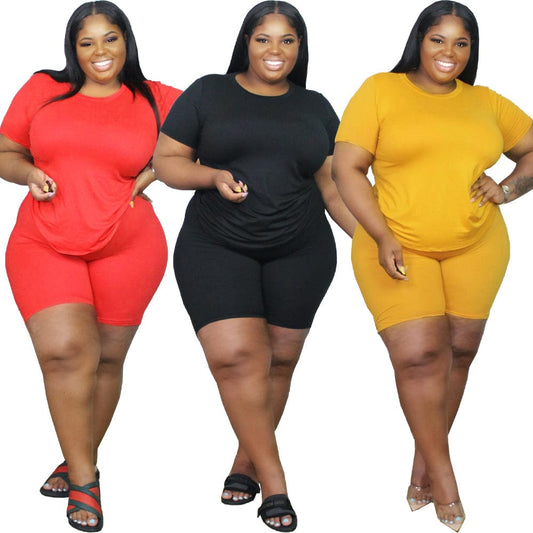 Two Piece Sets Women Plus Size Clothes 5xl Fashion Casual Crewneck T Shirts 2 Piece Short Set Women Biker Shorts Set