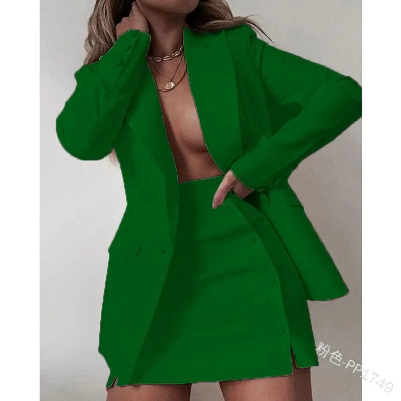 Two Piece Skirt Set Ladies Office Business Blazers Suits Set Women Casual Solid Oversized Blazer