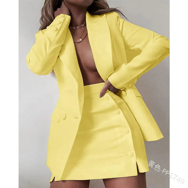 Two Piece Skirt Set Ladies Office Business Blazers Suits Set Women Casual Solid Oversized Blazer