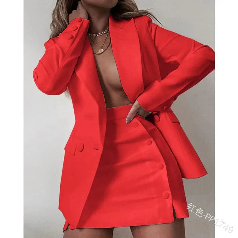 Two Piece Skirt Set Ladies Office Business Blazers Suits Set Women Casual Solid Oversized Blazer
