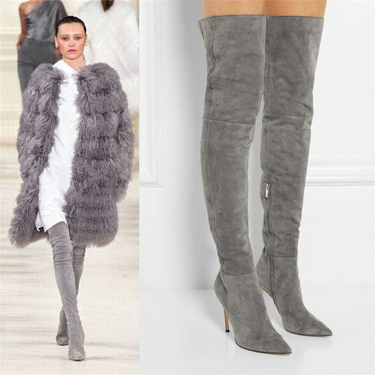 TX China Factory loe price Lady's Thigh High Boots Metal Decor Sexy Pointed Toe over the knee boots thigh high flats
