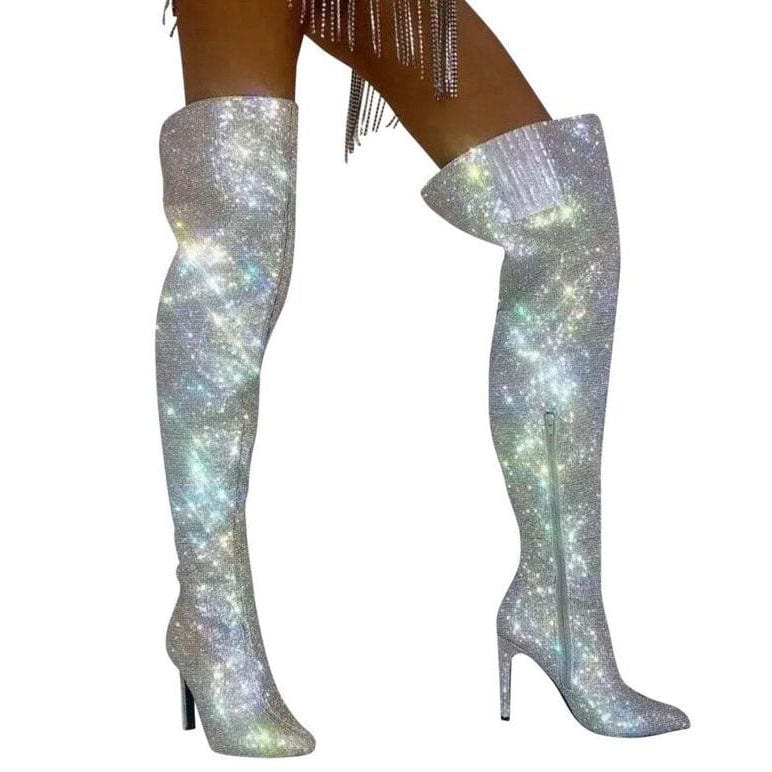 TX Colored bright diamond pointed toe over the knee stiletto fashion street ladies boots knee high