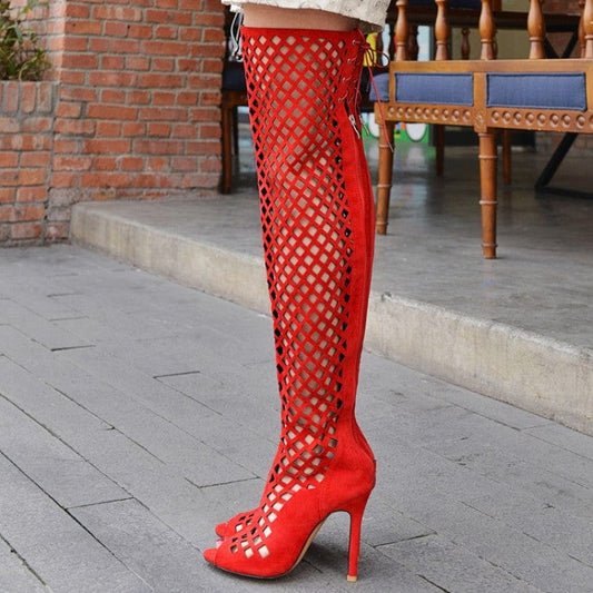 TX fashion new sexy  women's hollow out thin heeled sandals solid color net peep toe over knee thigh long ladies boots