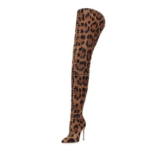 TX fashion over the knee plus-size pointy stiletto boots studded leopard print thigh high boots women shoes