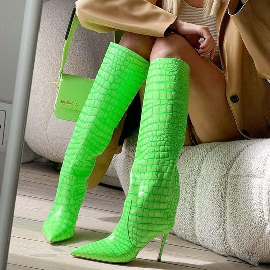 TX   New arrival stiletto high-heel snake print catwalk ladies winter boots plus size fluorescent green knee high leather boots