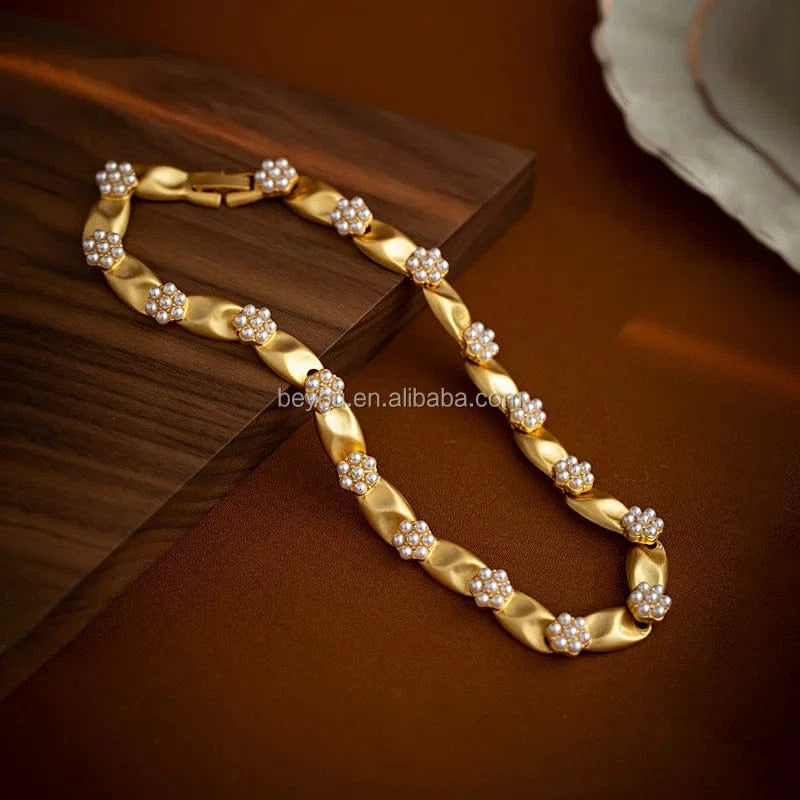 Unique Designer Golden Trifari-Inspired Pearl Flower Necklace Bracelet Earring Set Vintage Ribbon-like Choker Jewelry Set
