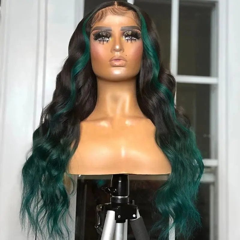 Unprocessed Black Green Highlight Color Natural Wave Pre Plucked Bleached Knots Cuticle Aligned Lace Front Wigs