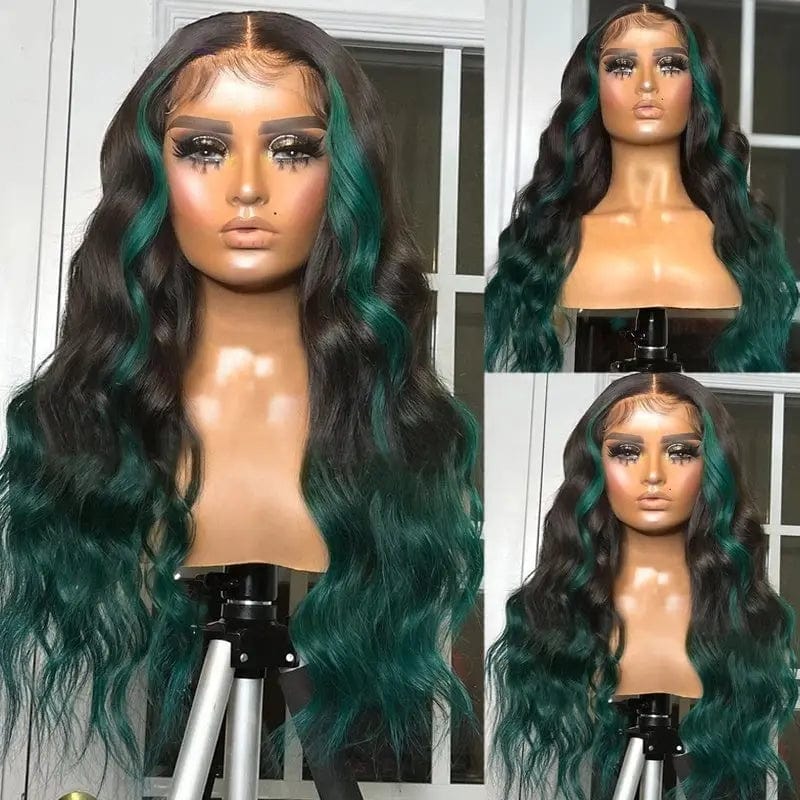 Unprocessed Black Green Highlight Color Natural Wave Pre Plucked Bleached Knots Cuticle Aligned Lace Front Wigs