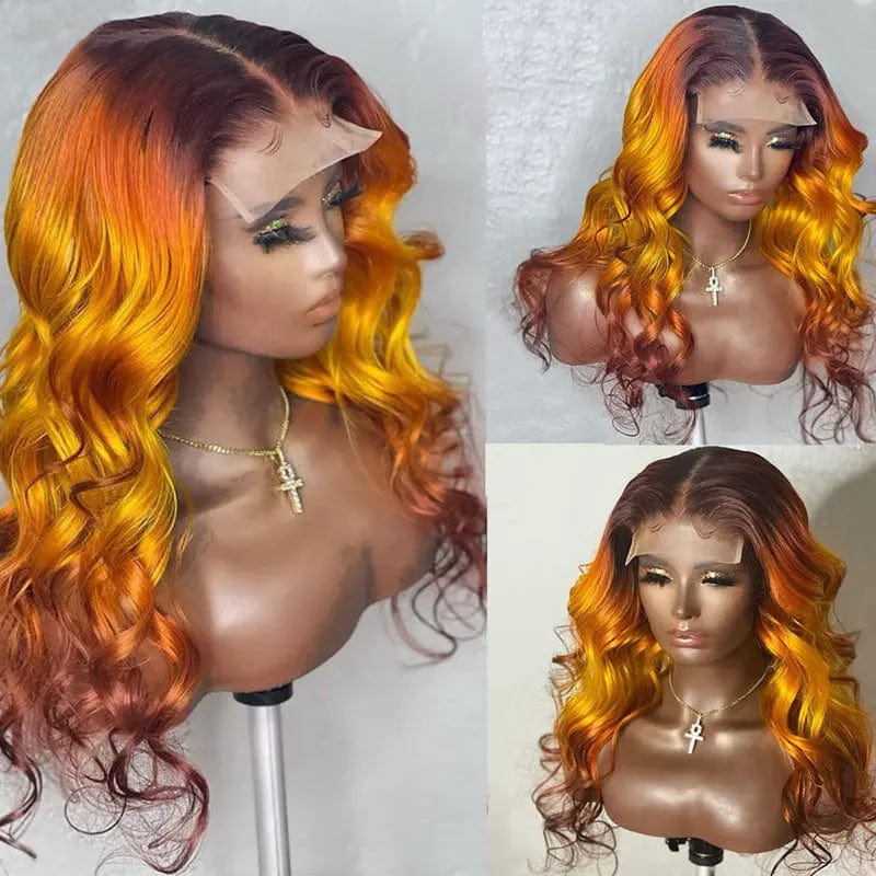 Unprocessed Pre-Plucked Brazilian Hair Ombre Rainbow Colorful Wave Wig Natural Hairline 13x4 Lace Frontal Wig