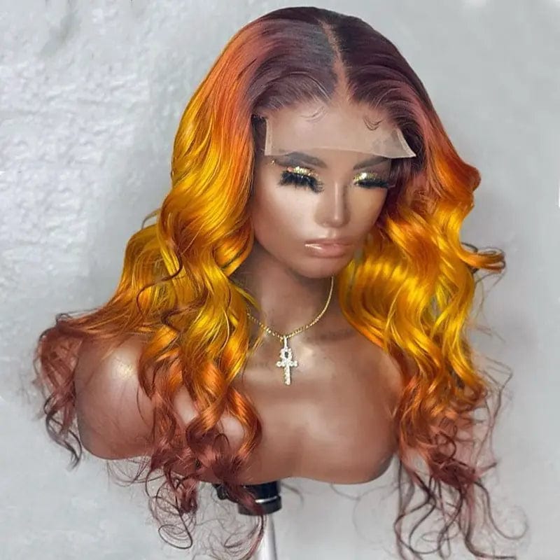 Unprocessed Pre-Plucked Brazilian Hair Ombre Rainbow Colorful Wave Wig Natural Hairline 13x4 Lace Frontal Wig