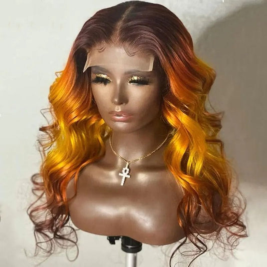 Unprocessed Pre-Plucked Brazilian Hair Ombre Rainbow Colorful Wave Wig Natural Hairline 13x4 Lace Frontal Wig