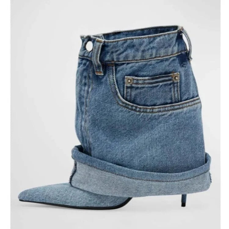 US6-6.5/Eur36 / Blue Custom Women Mid Calf Boot Pointed Toe Botas Dama Female Shoes Denim Cowgirl New Denim Boots for Ladies