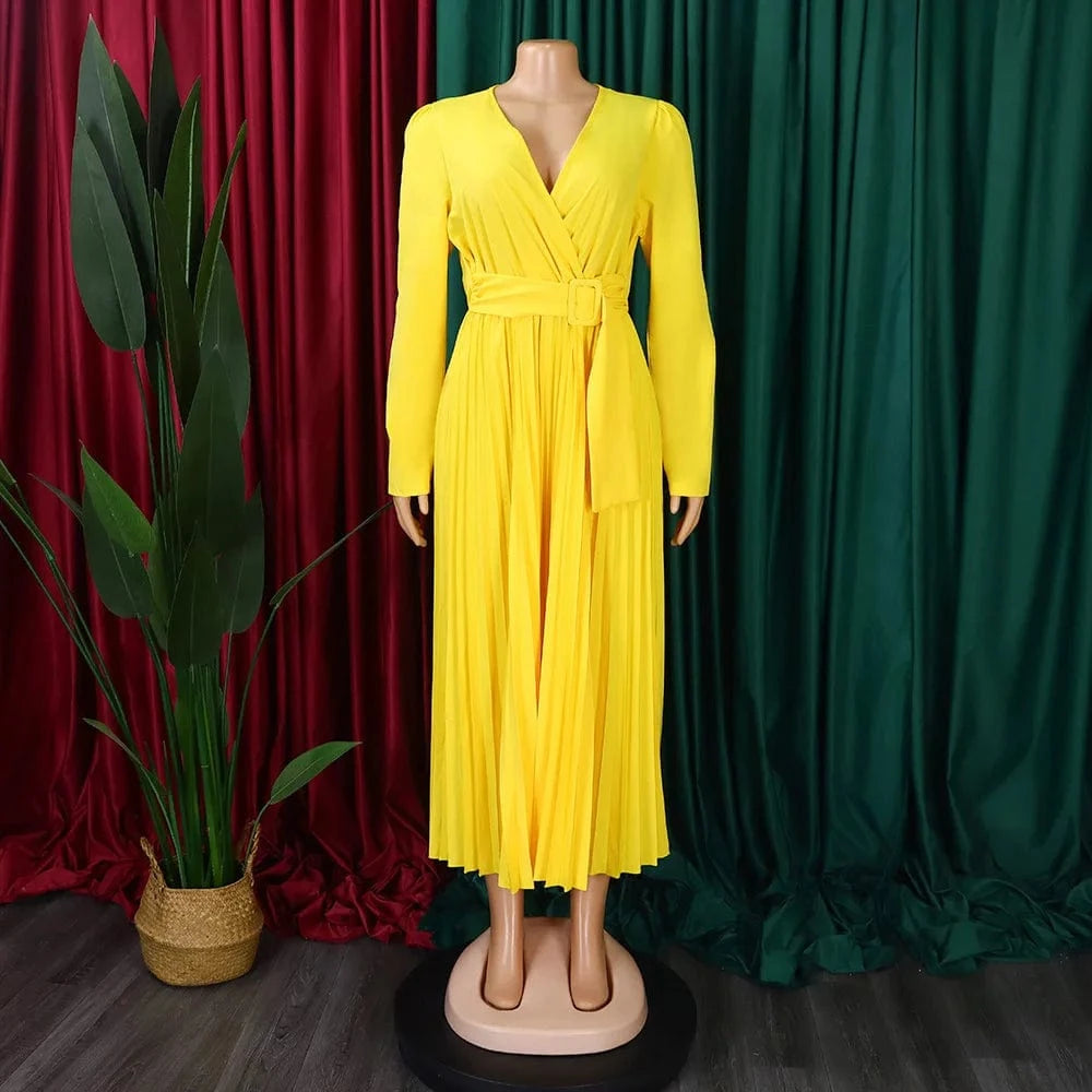 V Neck A Line Full Sleeves Pleated Waist Belt Lady Office Career Dress
