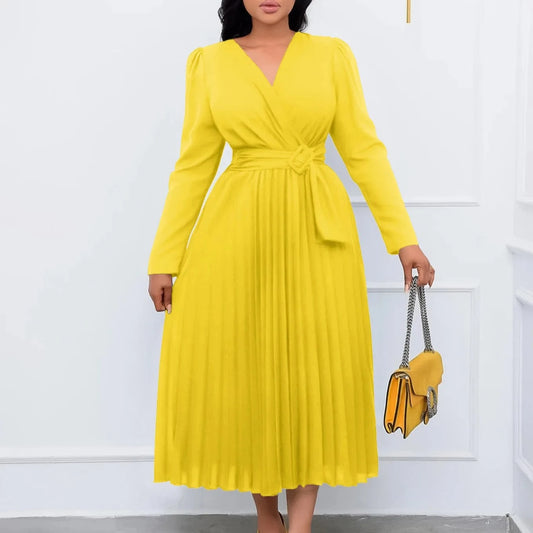 V Neck A Line Full Sleeves Pleated Waist Belt Lady Office Career Dress