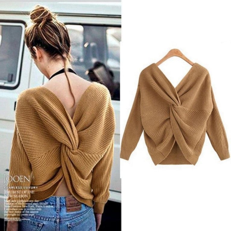 V-Neck Halter Sweater Irregularly Cross-Knotted Knit On Both Sides