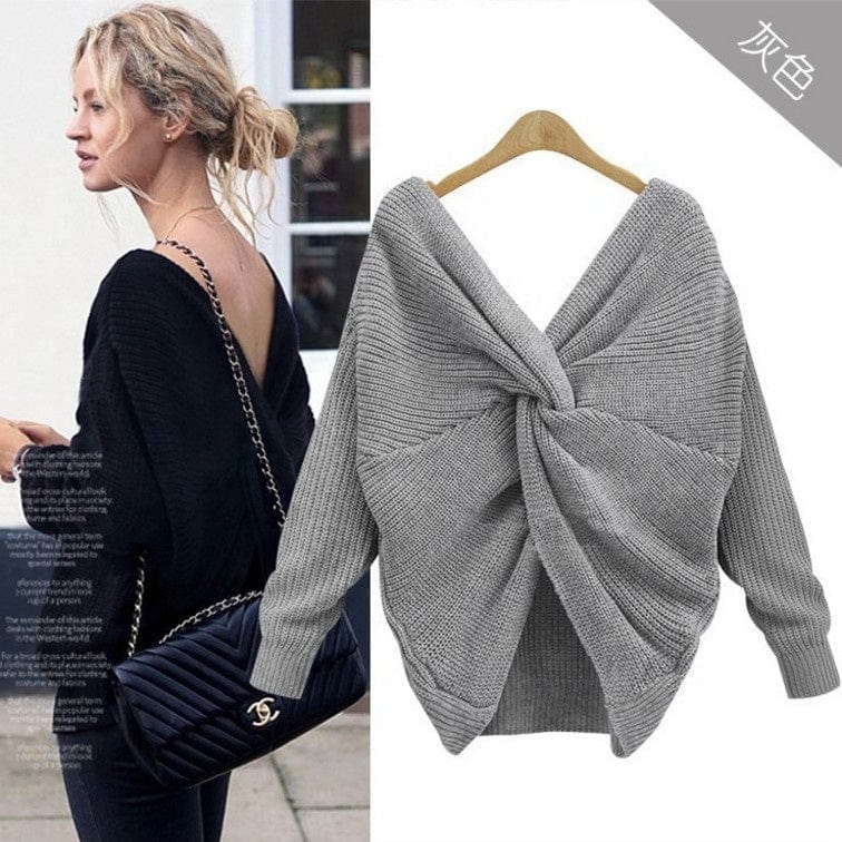V-Neck Halter Sweater Irregularly Cross-Knotted Knit On Both Sides