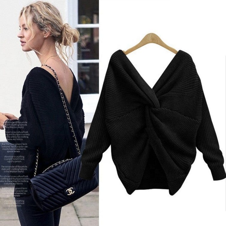 V-Neck Halter Sweater Irregularly Cross-Knotted Knit On Both Sides