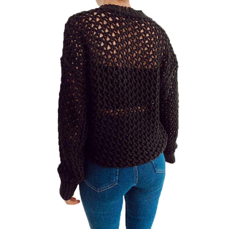 V-neck hollow out women's sweater loose comfortable long sleeve knitwear solid color women's top sweater wholesale