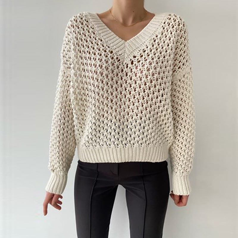 V-neck hollow out women's sweater loose comfortable long sleeve knitwear solid color women's top sweater wholesale