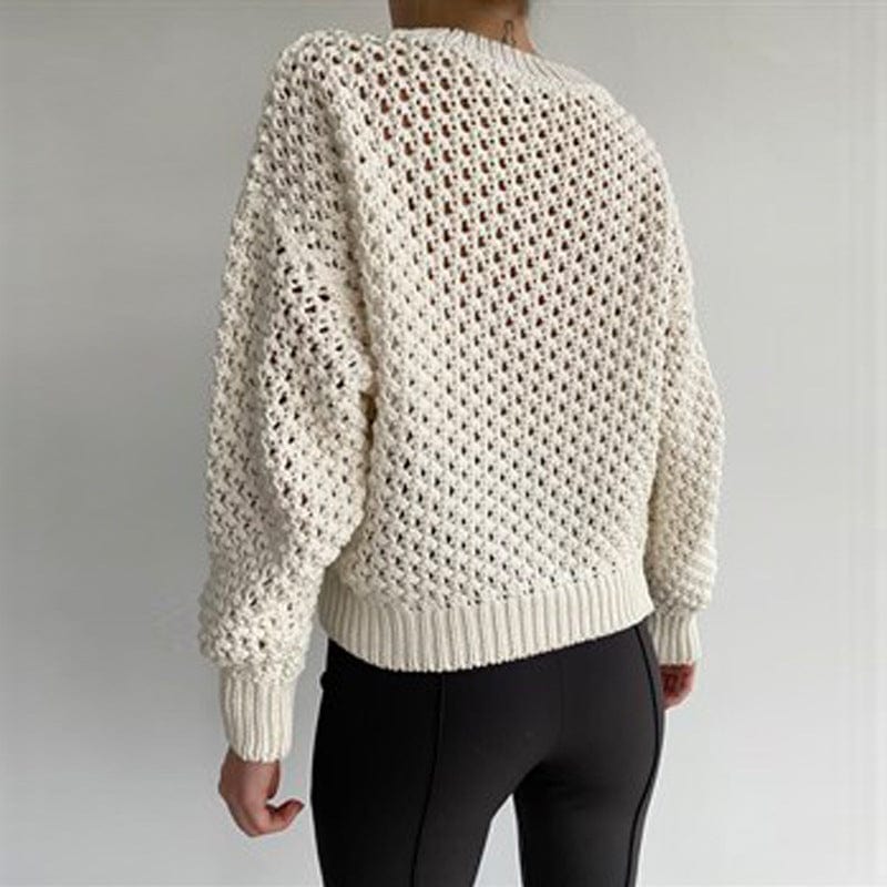 V-neck hollow out women's sweater loose comfortable long sleeve knitwear solid color women's top sweater wholesale