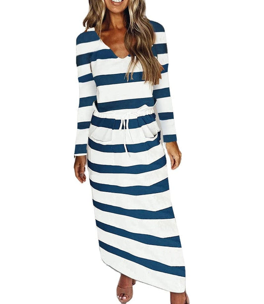 V-neck loose print striped long-sleeved dress