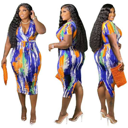 V Neck Short Sleeve Bodycon Midi Dress Tie Dyed Belt Oversized Dress Office Lady Casual Dresses Plus Size Women Clothing Summer
