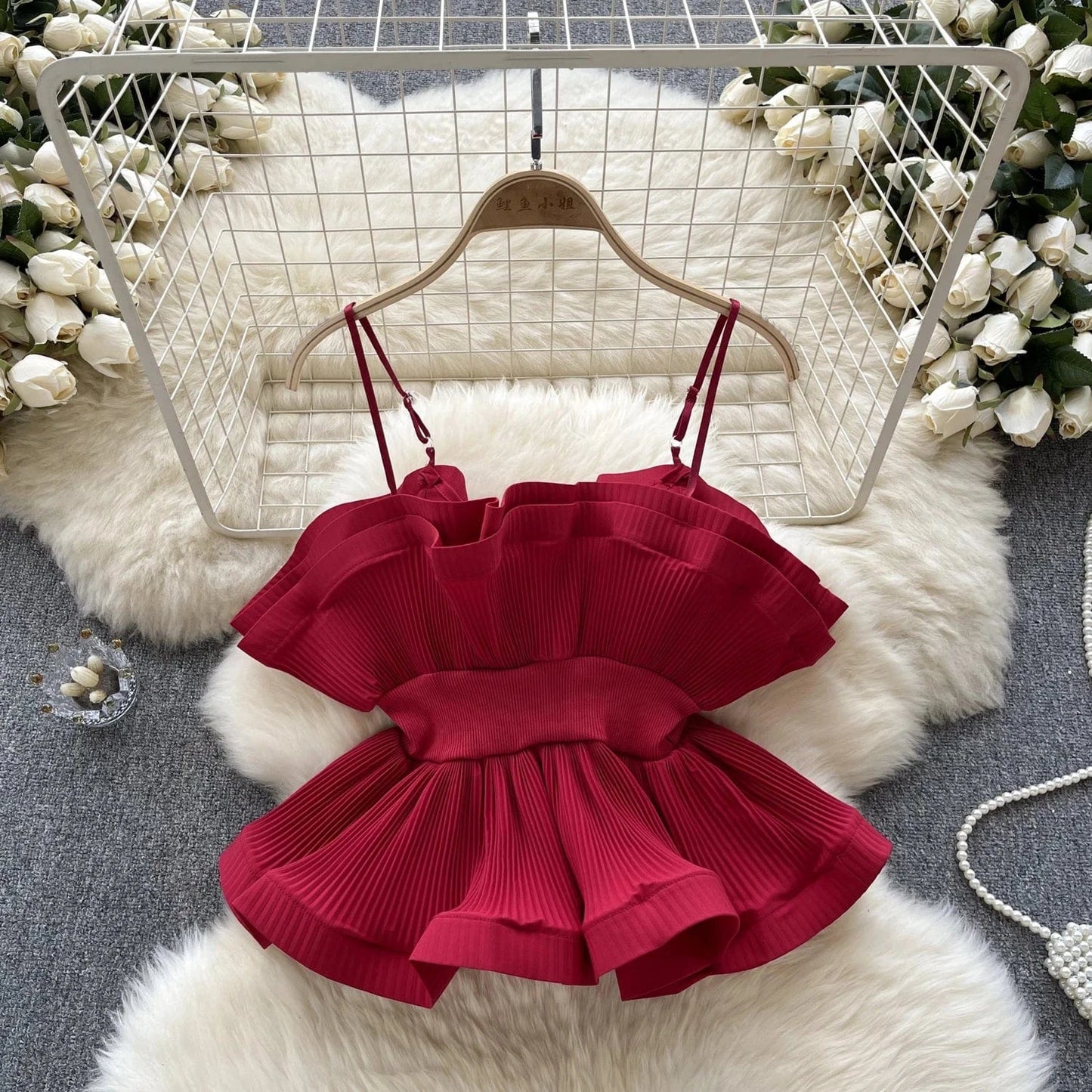 Vacation Style Halter Top Pressed Ruffle Crop Top Women's Blouses & Shirts