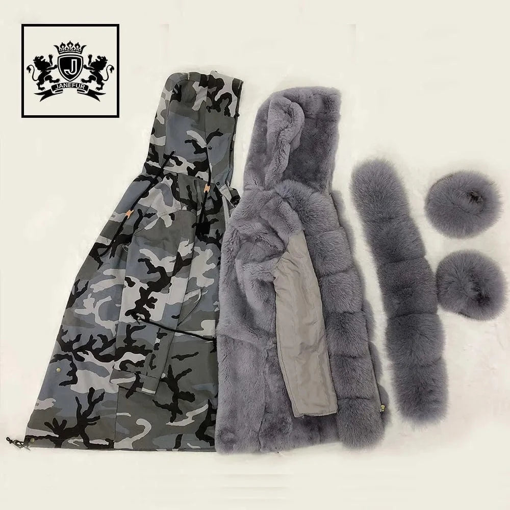Various styles oversize real fox fur long parka ladies new camouflage shell parka jacket with furry fur trim,cuff and collar