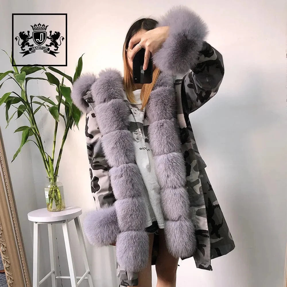 Various styles oversize real fox fur long parka ladies new camouflage shell parka jacket with furry fur trim,cuff and collar