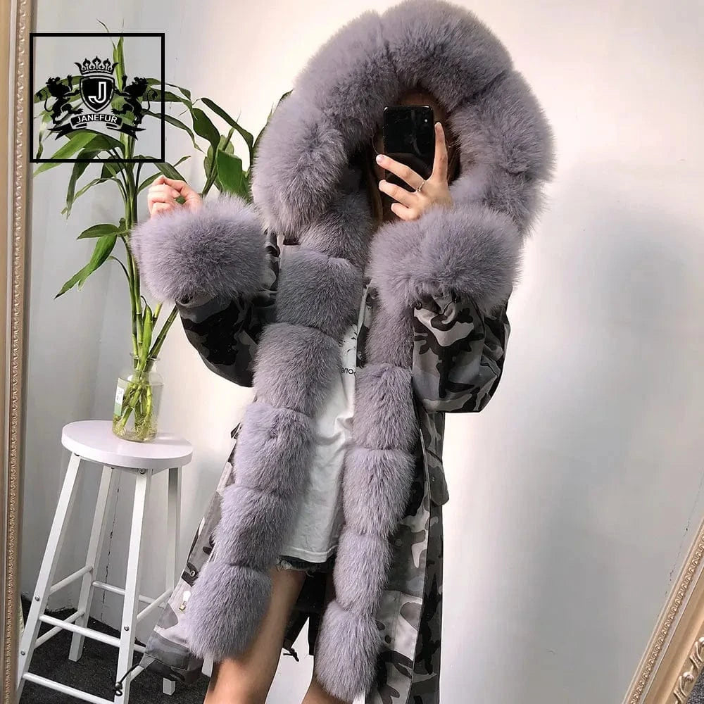 Various styles oversize real fox fur long parka ladies new camouflage shell parka jacket with furry fur trim,cuff and collar