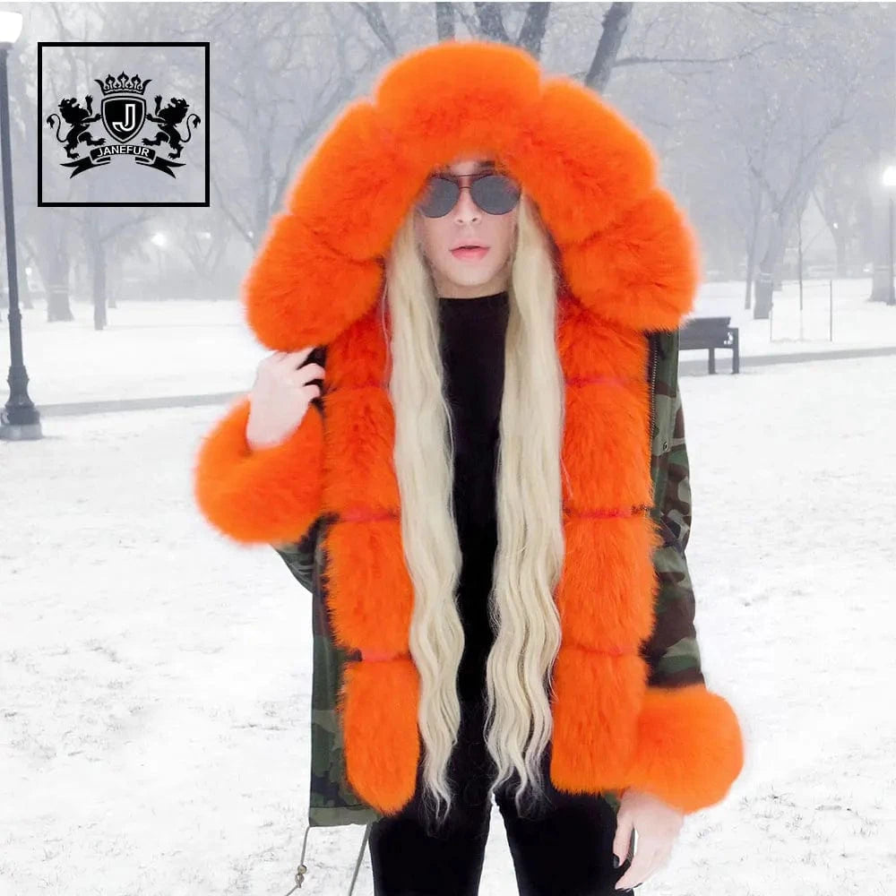 Various styles oversize real fox fur long parka ladies new camouflage shell parka jacket with furry fur trim,cuff and collar