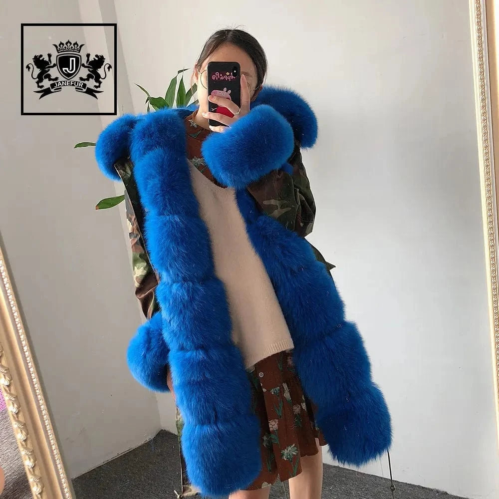 Various styles oversize real fox fur long parka ladies new camouflage shell parka jacket with furry fur trim,cuff and collar