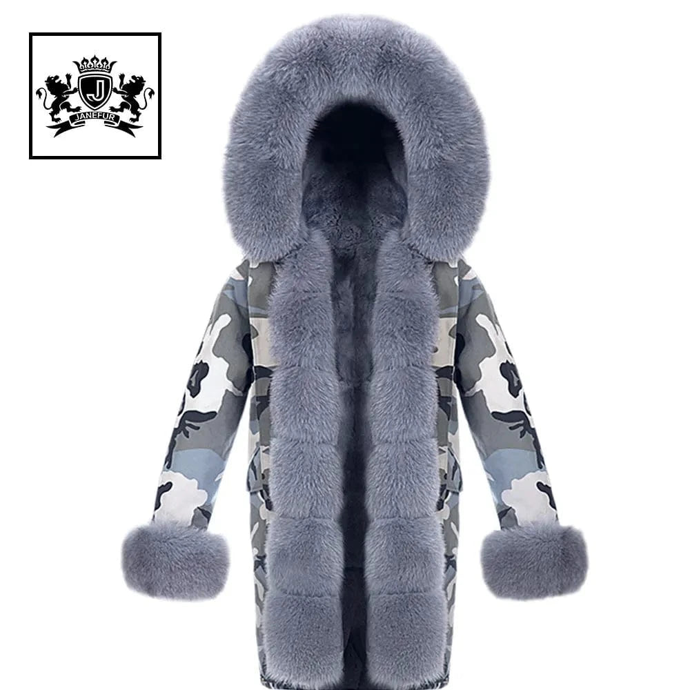 Various styles oversize real fox fur long parka ladies new camouflage shell parka jacket with furry fur trim,cuff and collar