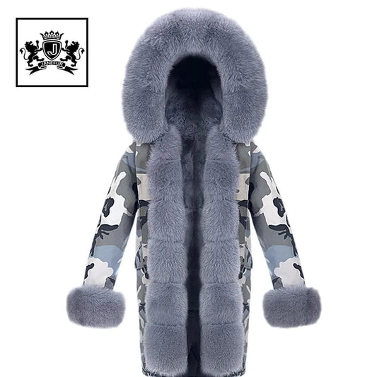 Various styles oversize real fox fur long parka ladies new camouflage shell parka jacket with furry fur trim,cuff and collar