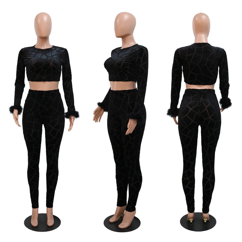 Velour Women Crop top Solid 2 Piece Pants Set Casual Clothing wholesale Velvet Two Piece Set With Feathers