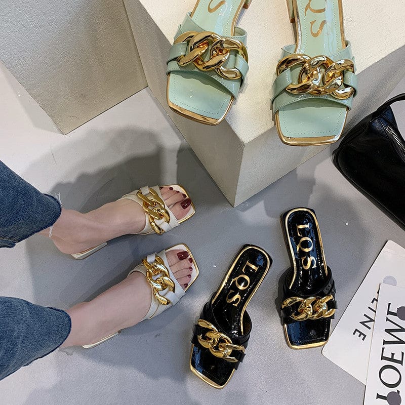 venta pantuflas mayoreo 2023 high quality summer women's flat slides chain sandals square toe outdoor ladies heels slippers