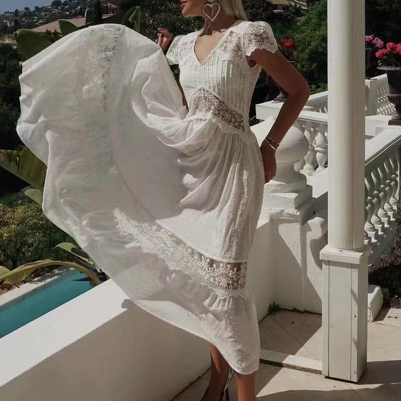 Vestidos Casuales Long Dress 2022 Autumn New V-neck Hollow Lace Sexy Ruffle Dress Women